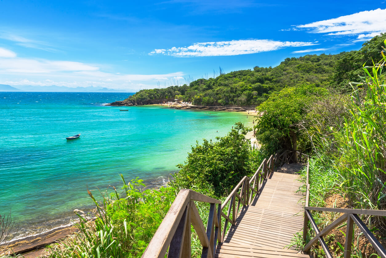 The turquoise bay of Búzios at golden hour